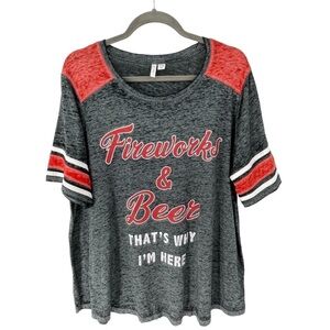 “Fireworks & Beer” Charcoal Gray/Red/White Burnout Style Tee Sz - 18/20W